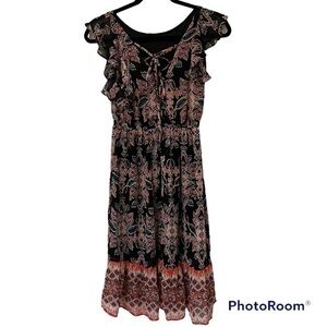FLORAL patterned black sundress lace up, XS, flare skirt, Delicate design print.